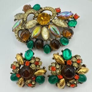 Vintage gold tone glass rhinestones AB cabochons brooch clip on earrings